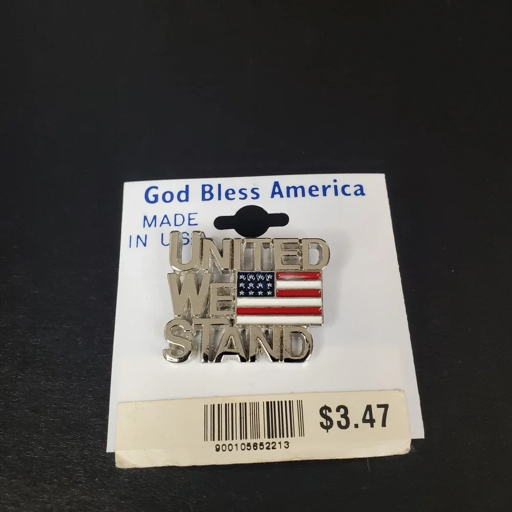 Vintage UNITED WE STAND American Flag Silver Tone Lapel Pin NOS *Made In USA*